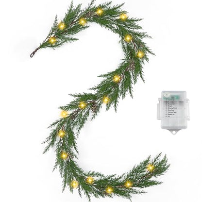 Green Christmas Cedar Garland 6 Ft Prelit with Pinecones & Lights