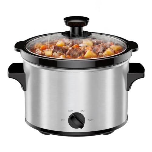 Small Slow Cooker 1.5 Qt for 1-2 People - Silver, Adjustable Heat