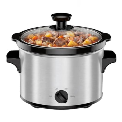 Small Slow Cooker 1.5 Qt for 1-2 People - Silver, Adjustable Heat
