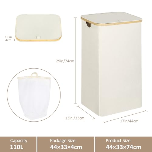 iEGrow Laundry Basket with Lid, 110L Large Laundry Hamper with Handle and Lid, Collapsible Clothes Basket Organizer with Removable Inner Bag for Clothes Toys Towels - Beige