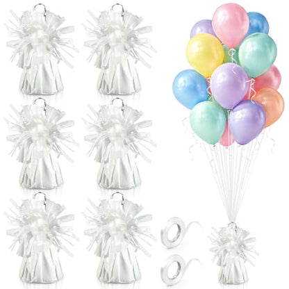 White Balloon Weights Set with Ribbons for Party Decorations - 6 Pieces