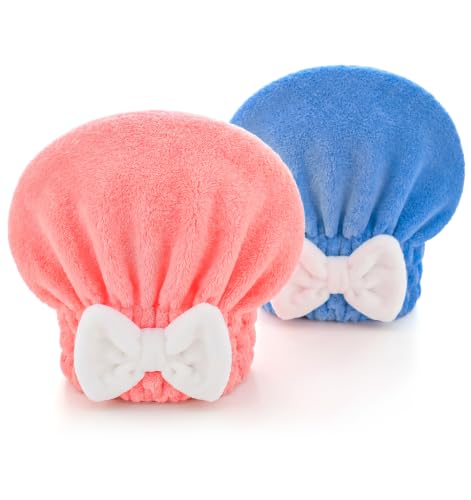 2 Pack Coral Velvet Hair Drying Caps with Bow Knot - Soft & Adjustable