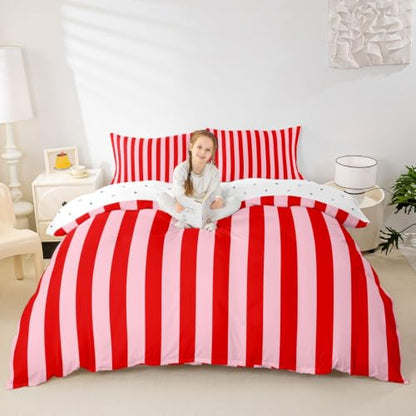 Manfei Red Pink Stripes Kids Duvet Cover Set Queen Size - Abstract Geometric Bedding
