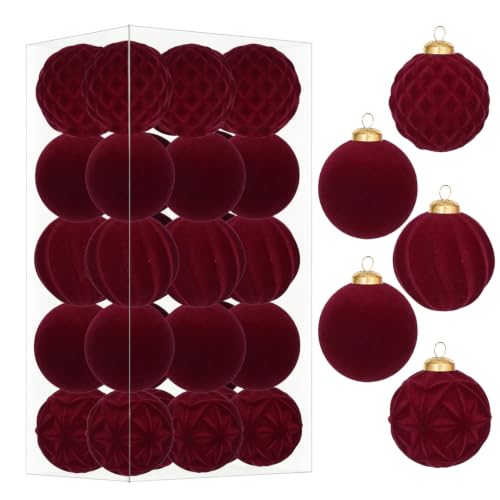 30Pcs Burgundy Velvet Christmas Ball Ornaments for Xmas Tree Decorations - Red Variation