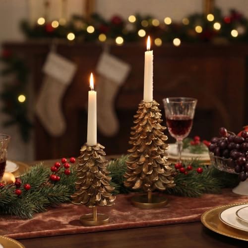 Christmas Taper Candle Holders Set of 2 - Gold Pine Cone Decor for Holiday