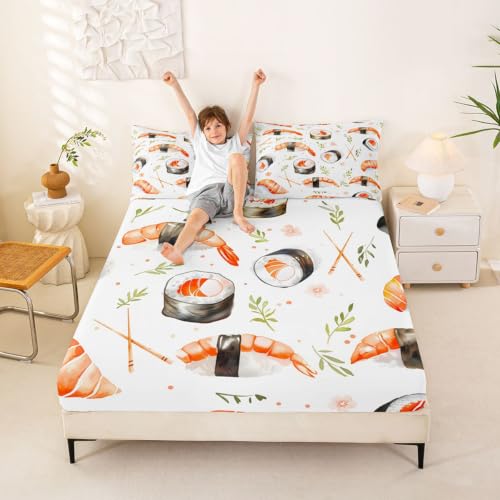 Kids Full Size Sushi Fitted Sheet Set Cartoon Salmon Watercolor Design - 3 Pcs