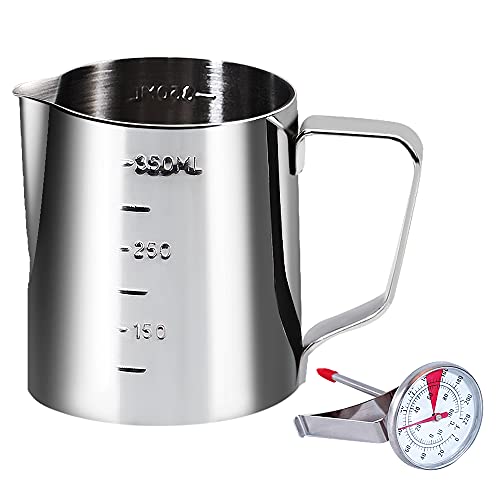 Coffee Milk Frothing Pitcher Cup with Measurement Inside Thermometer set 12oz/350ML Stainless Steel Espresso Steaming Pitcher Tool for Cappuccino Machines Espresso Pitcher Latte Art