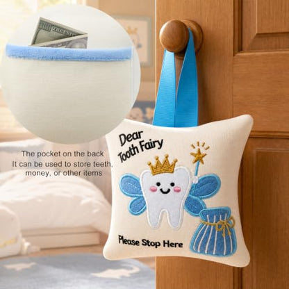 White Tooth Fairy Pillow with Book & Tracking Chart Set for Boys Girls