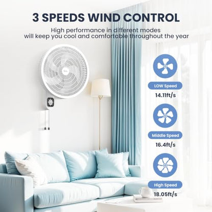 White Wall Mount Oscillating Fan 16-inch, 3-Speed Indoor Cooler with Tilt