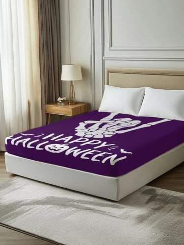 Twin Size Halloween Spooky Skeleton & Pumpkin Microfiber Flat Sheet - Purple