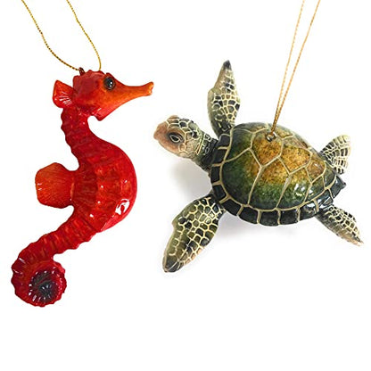Set of 2 Coastal Christmas Ornaments - Green Sea Turtle & Red Seahorse Decor