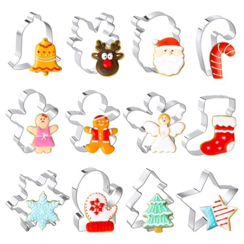 Christmas Cookie Cutter Set - 12 Stainless Steel Shapes for Baking & Decorating