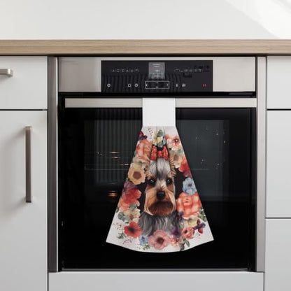 2pcs Absorbent Hanging Kitchen Hand Towels with Loop - Yorkie Floral Pattern