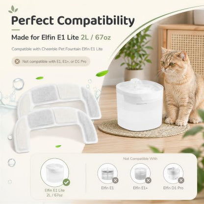 White 8-Pack Replacement Filters for Cheerble Elfin E1 Lite Pet Fountain