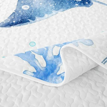 Feelyou Whale Ocean Quilt Set Full Size Light Blue & White Marine Bedding Kids Boys Girls