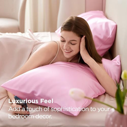 Pink Satin Pillowcases Set of 2 - Standard 20x26 Inches, Envelop Closure, Bed Decor