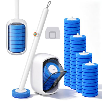 Disposable Wall-Mounted Toilet Brush with 35 Blue Refills and Storage Box - 1 Handle