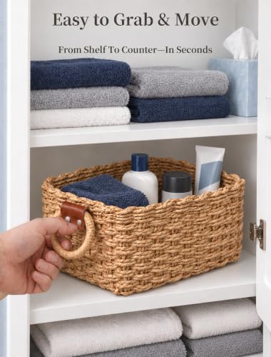 Small Wicker Storage Baskets Set of 3 - Natural Paper Rope with Handles