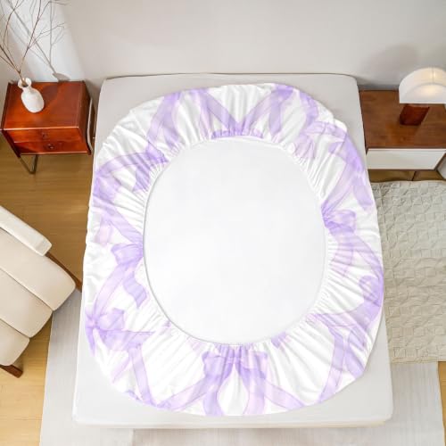 Kids Full Size Bed Sheet Set with Bowknot & Heart Pattern - Purple White, Deep Pocket, 3 Pieces - Manfei