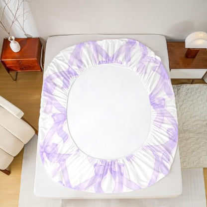 Kids Full Size Bed Sheet Set with Bowknot & Heart Pattern - Purple White, Deep Pocket, 3 Pieces - Manfei