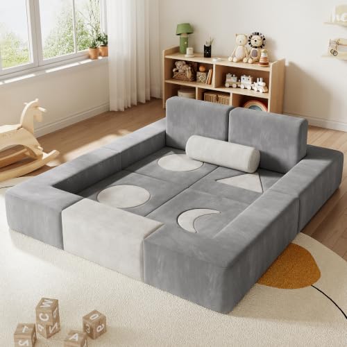 Grey Modular Kids Play Couch - 17-Piece Toddler Sofa with Shape Pillows & Window Panels