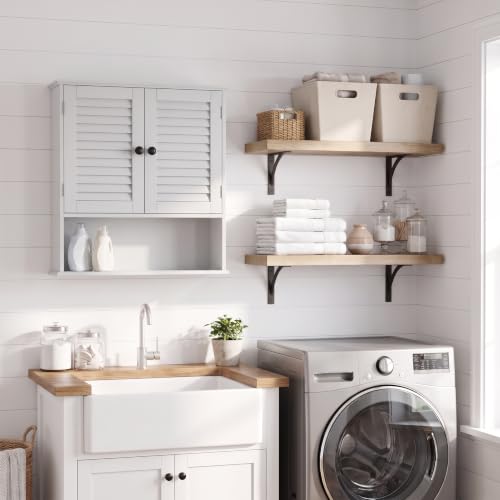 Wall Mounted Bathroom Cabinet with Louvered Doors - 23.6x8.27x24.8 Inches, White Rustic Style with Adjustable Shelf - Variation of 8.27"D x 23.62"W x 24.8"H