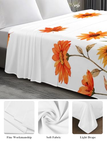 Cal King Size Flat Sheet with Pumpkin Sunflower Maple Leaf Design Orange - Microfiber Breathable Bedding