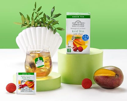 Ahmad Tea Green Tea, Cold Brew Mango and Lychee Teabags, Iced Tea, 20 ct (Pack of 6) - Caffeinated and Sugar-Free