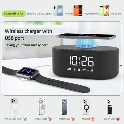DreamSky Alarm Clock Radio with Wireless Charging and Bluetooth Speaker - Black