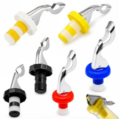 6 Pack Wine & Soda Bottle Stopper Caps with Fizz Keeper & Lever Opener - Assorted Colors