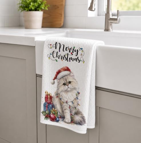 Santa White Cat Kitchen Towel - Christmas Winter Decor, 16x24in