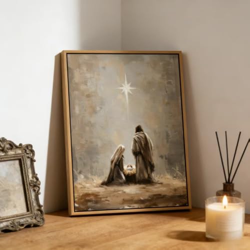 The Birth of Jesus Framed Nativity Scene Canvas Wall Art - 16 x 12 inches