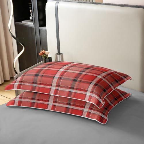 Gingham Black Red Full Size Bedding Set 3Pcs Cotton Duvet Cover & Pillowcases