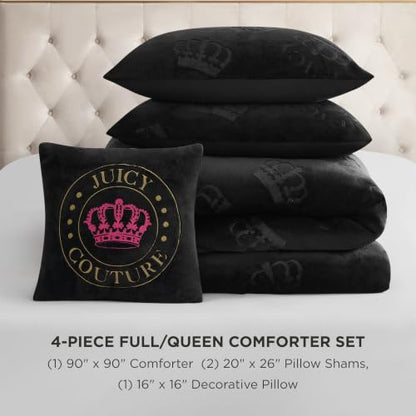 Juicy Couture Reversible Plush Crown Comforter Set - Black, Full/Queen with Decorative Pillow