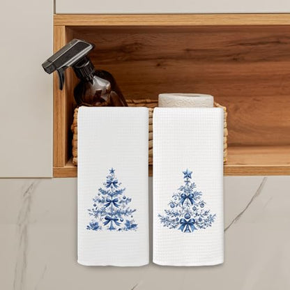 Chinoiserie Christmas Kitchen Towels Set of 2 - Blue Holiday Hand Towels - Variation Christmas-7