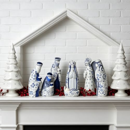 Chinoiserie Ceramic Nativity Set - Blue and White 7-Piece, 6 Inch Decorative Holiday Figurines
