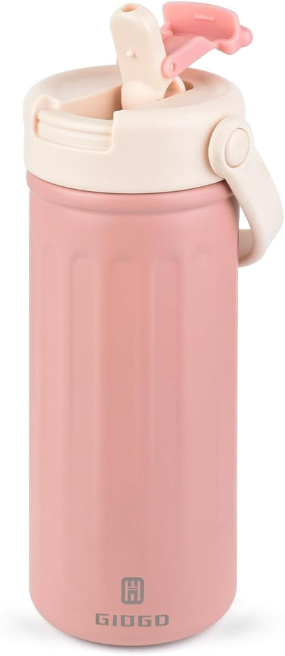 Skiennix Insulated Water Bottle - 16oz Stainless Steel with Straw & Handle | BPA Free, Pink