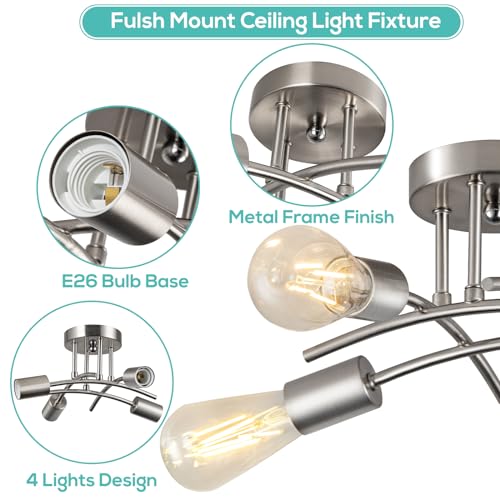 piano7797 4-Light Industrial Semi Flush Mount Ceiling Light Fixture, Modern Sputnik Chandelier Light Fixture,Brushed Nickel Ceiling Light Fixture for Kitchen Bedroom Living Room Hallway 2 Pack