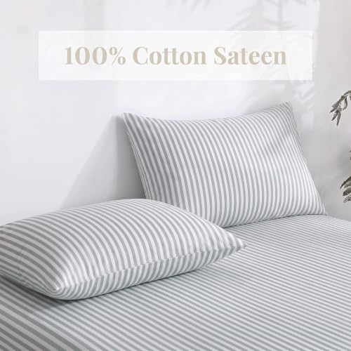Sage Gray Pillowcases Queen Size Set of 2 - Cotton Sateen with White Stripes, 300TC