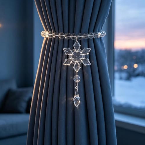 Long Snowflake Beaded Magnetic Curtain Tiebacks - Clear Crystal & Steel Wire - Style 5 (2 Pack)