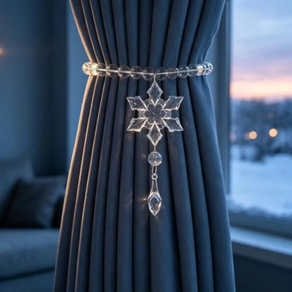 Long Snowflake Beaded Magnetic Curtain Tiebacks - Clear Crystal & Steel Wire - Style 5 (2 Pack)
