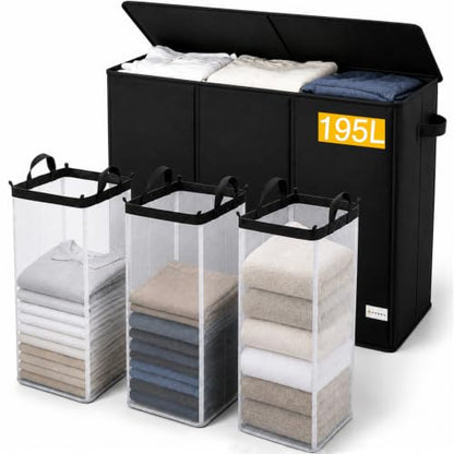 UFORU 195L 3-Section Laundry Hamper with Lid - Black, Collapsible & Removable Mesh Bags
