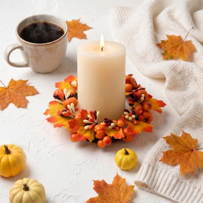 Orange Thanksgiving Candle Rings Set - Fall Pumpkin Wreaths for Decor