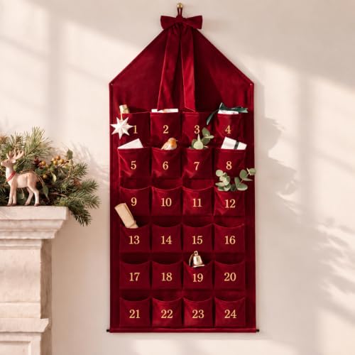 Christmas Velvet Advent Calendar with 24 Pockets - Burgundy Family Countdown