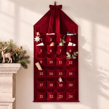 Christmas Velvet Advent Calendar with 24 Pockets - Burgundy Family Countdown