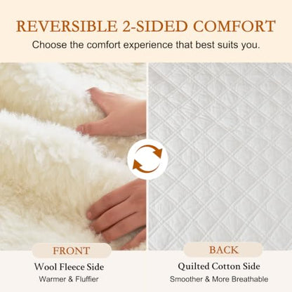 White Wool Mattress Pad Queen with Merino Fleece and Cotton Reversible Surface