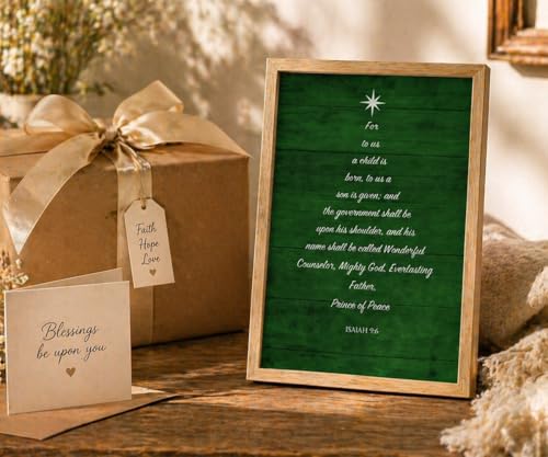 Christian Bible Verse Wall Art Framed - Isaiah 9:6 Scripture Poster 16x24 Inches Christmas Tree Variation
