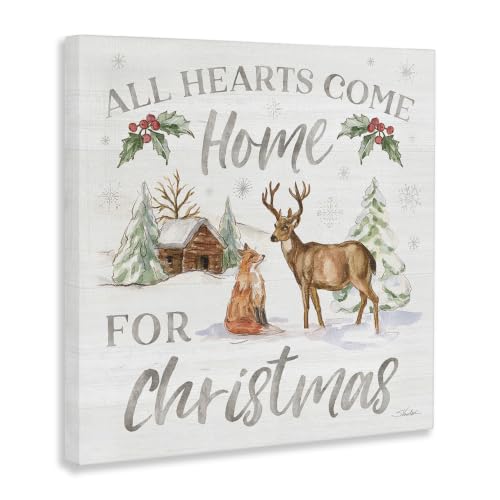 Christmas Deer Cabin Holiday Wall Art - 36x36 Inch Canvas with Woodland Scene - All Hearts Come Home Variation