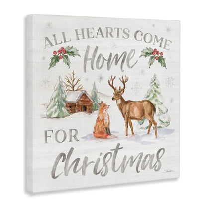 Christmas Deer Cabin Holiday Wall Art - 36x36 Inch Canvas with Woodland Scene - All Hearts Come Home Variation