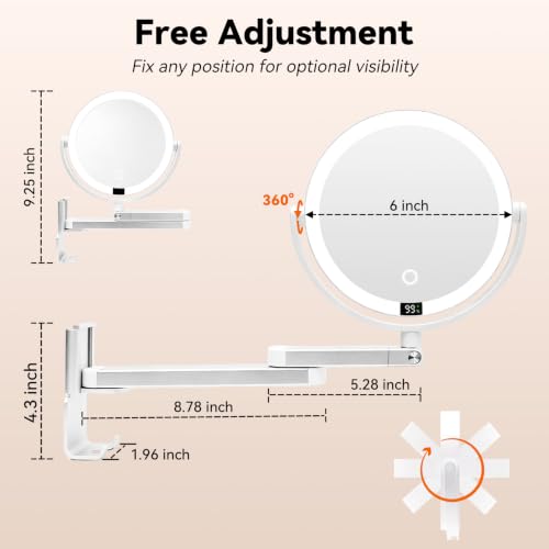 White Wall Mounted Makeup Mirror with Digital Screen and Lights - 13" x 10"